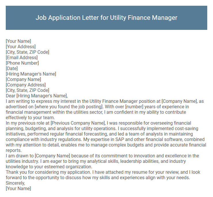 Job Application Letter for Utility Finance Manager