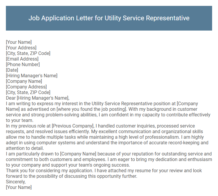 Job Application Letter for Utility Service Representative