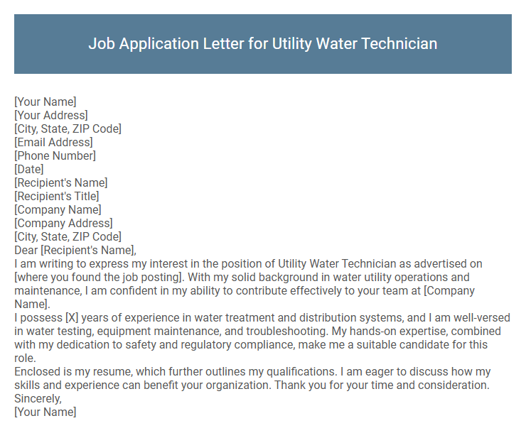Job Application Letter for Utility Water Technician