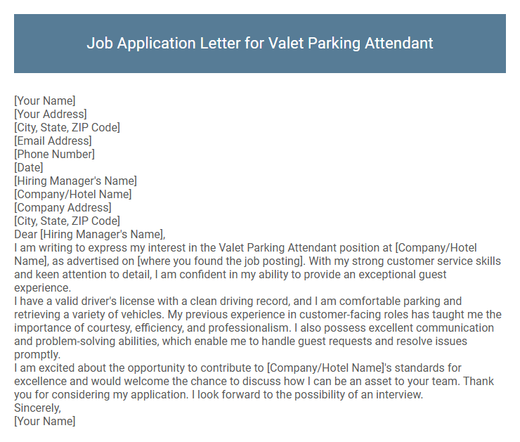 Job Application Letter for Valet Parking Attendant