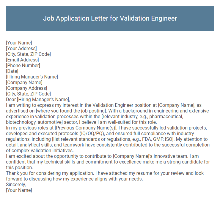 Job Application Letter for Validation Engineer