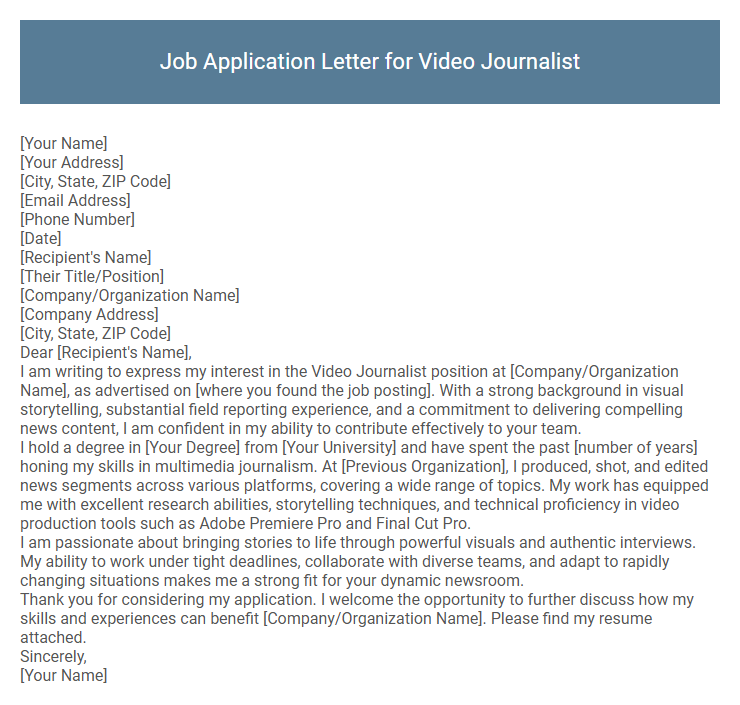 Job Application Letter for Video Journalist
