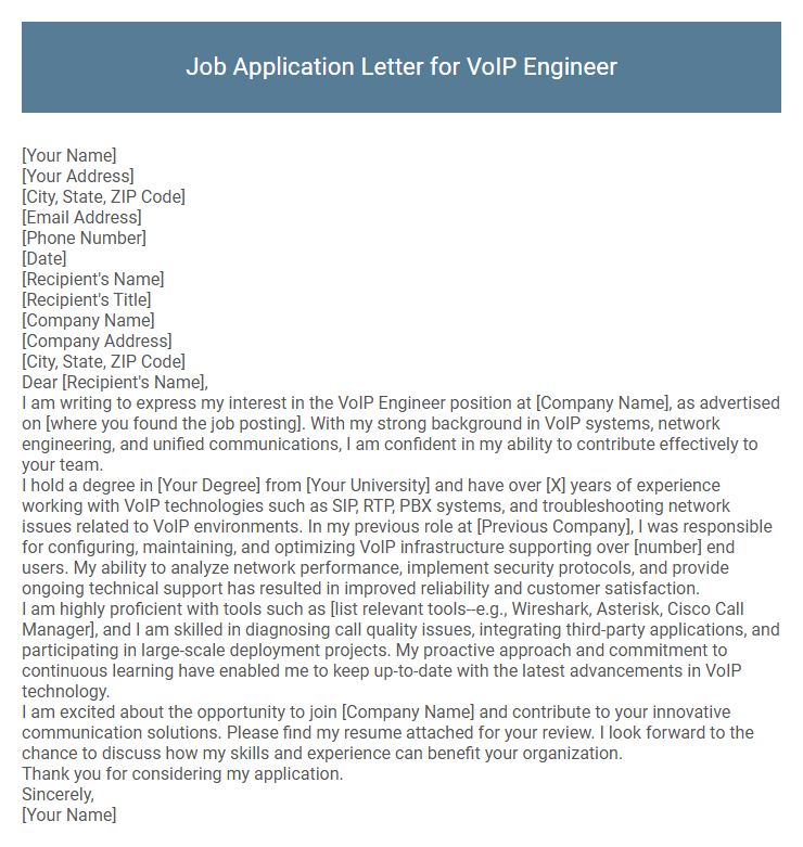Job Application Letter for VoIP Engineer