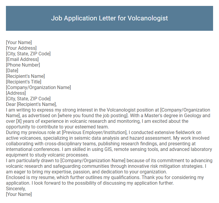 Job Application Letter for Volcanologist