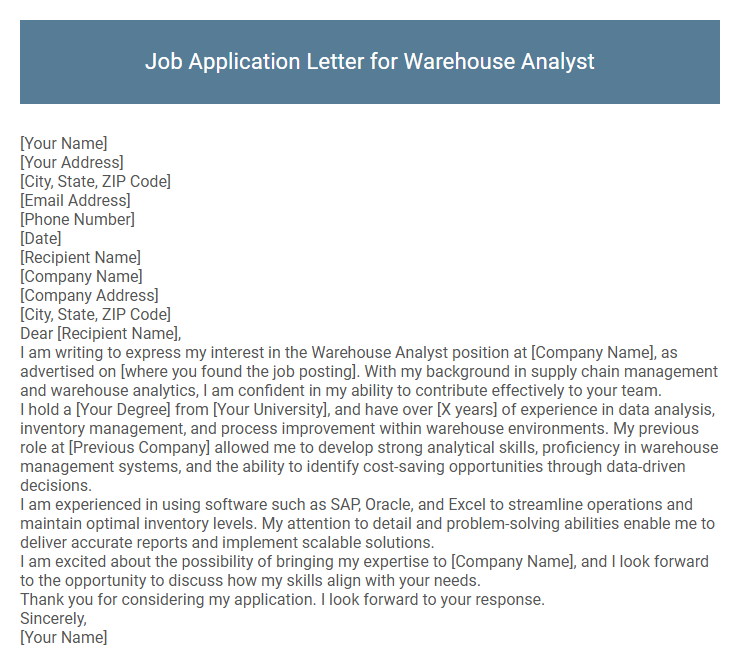 Job Application Letter for Warehouse Analyst