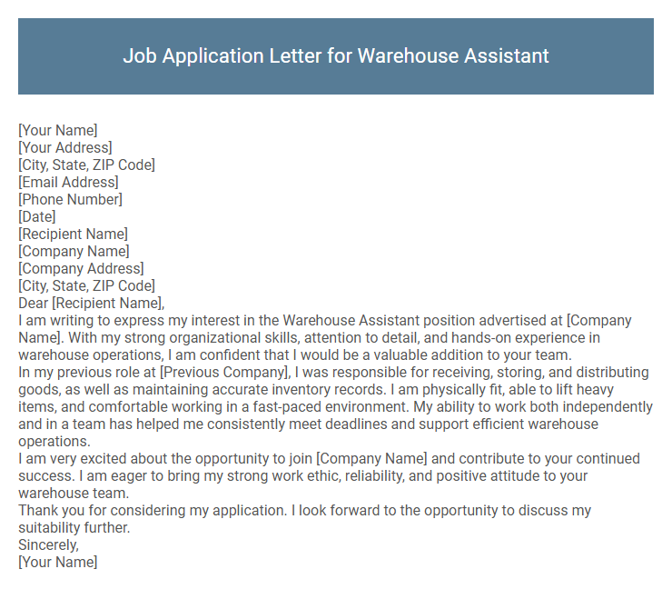 Job Application Letter for Warehouse Assistant