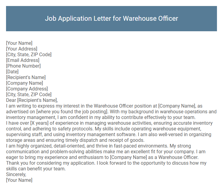 Job Application Letter for Warehouse Officer