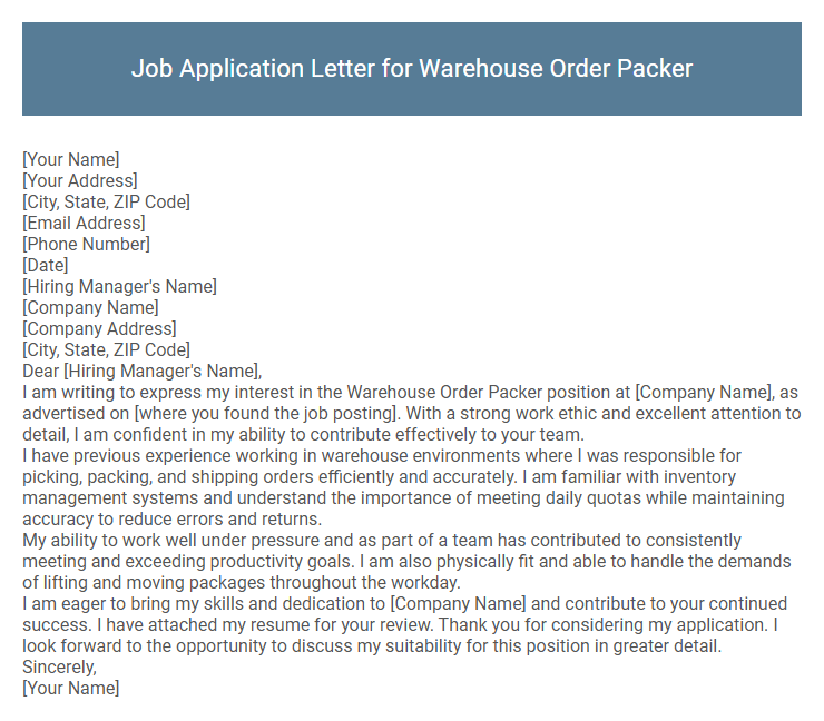 Job Application Letter for Warehouse Order Packer