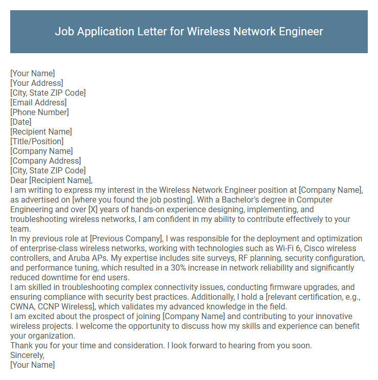Job Application Letter for Wireless Network Engineer