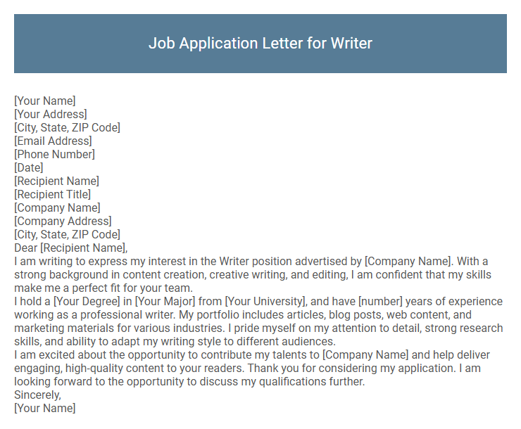 Job Application Letter for Writer