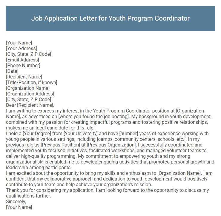 Job Application Letter for Youth Program Coordinator
