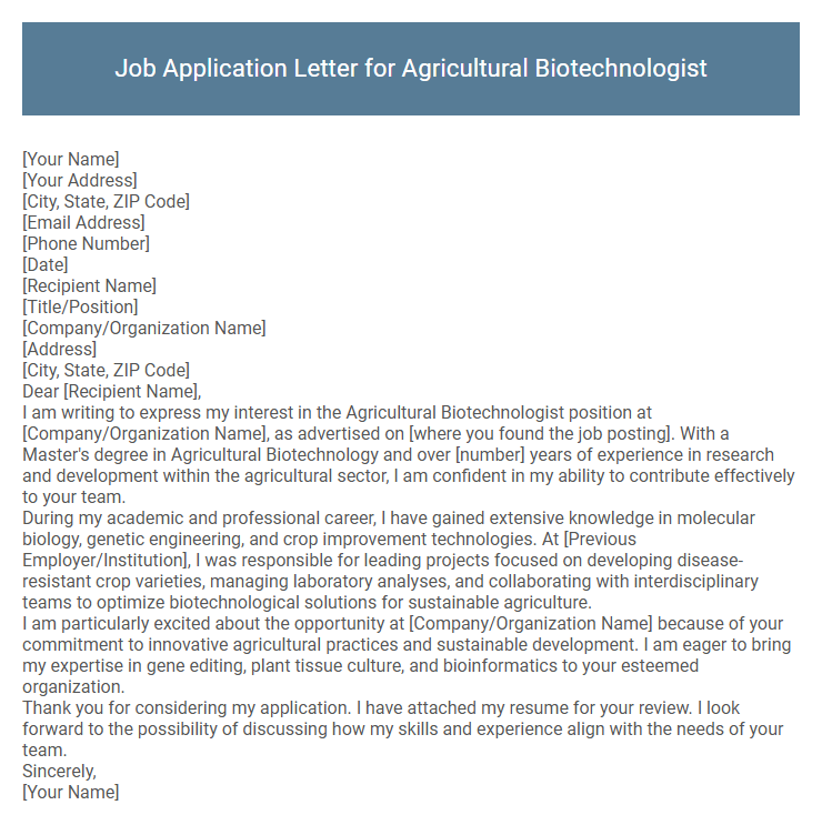 Job Application Letter for Agricultural Biotechnologist