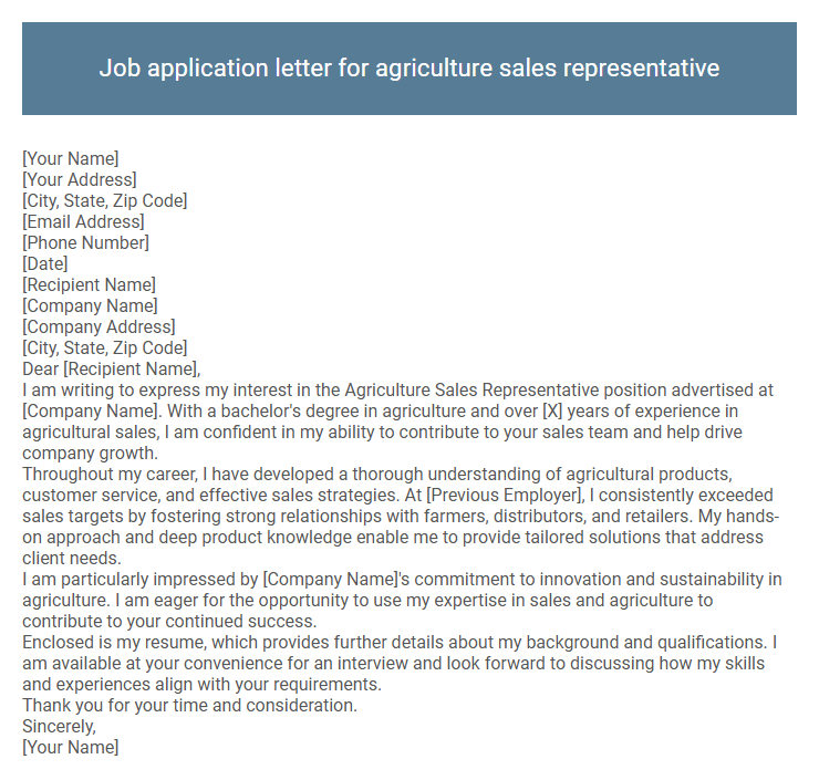 Job application letter for agriculture sales representative