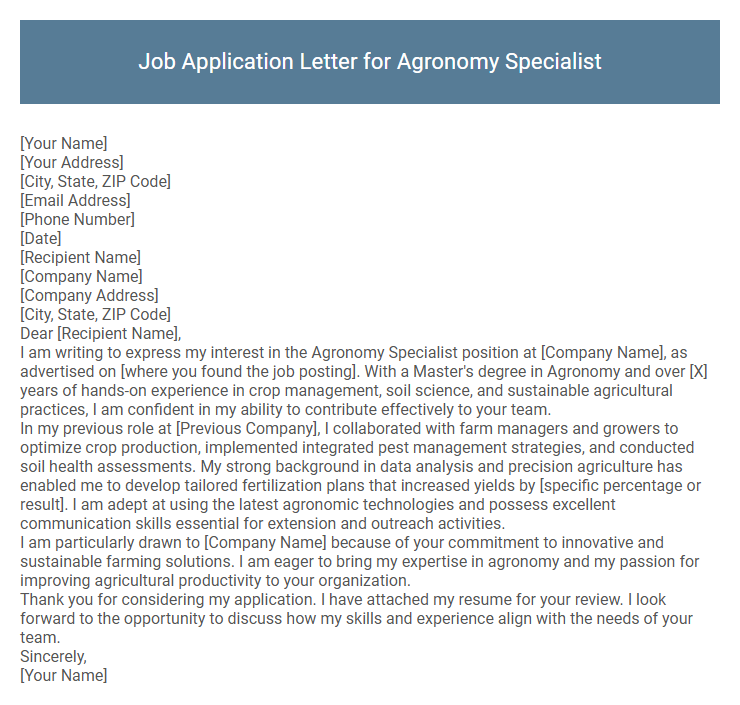 Job Application Letter for Agronomy Specialist
