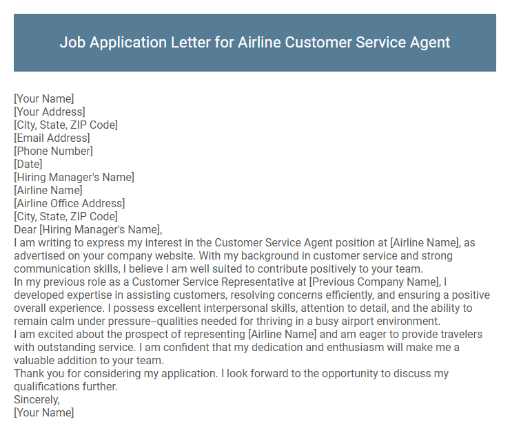 Job Application Letter for Airline Customer Service Agent