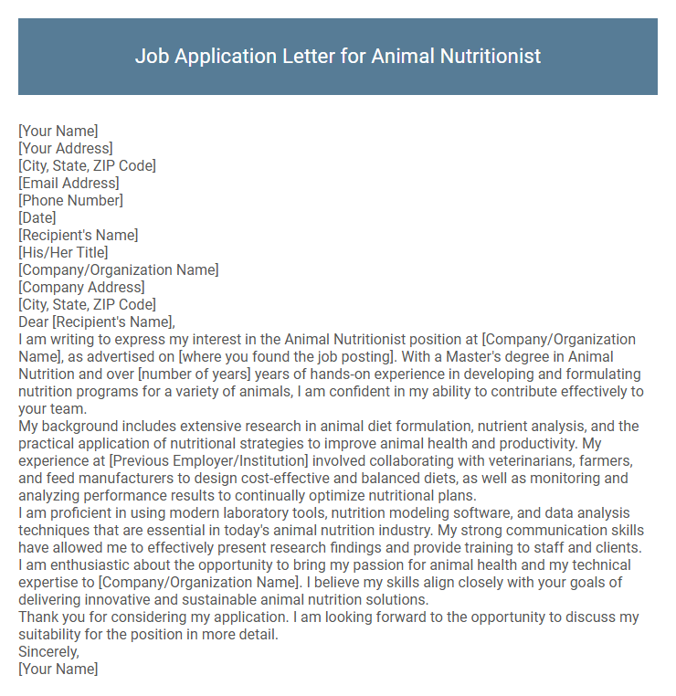 Job Application Letter for Animal Nutritionist