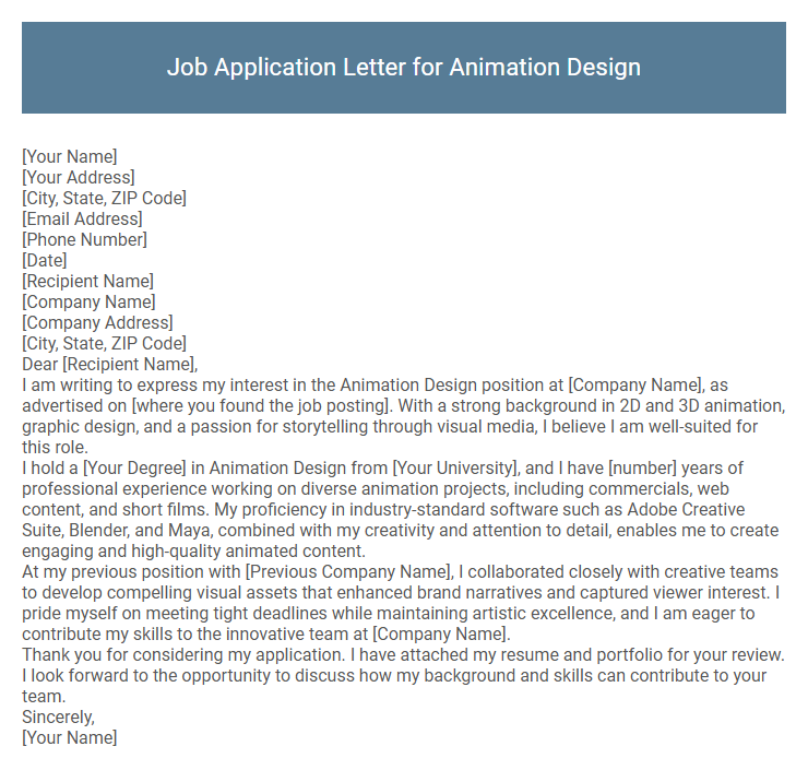 Job Application Letter for Animation Design
