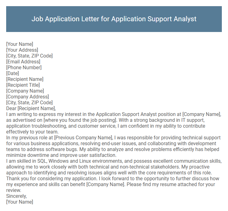 Job Application Letter for Application Support Analyst