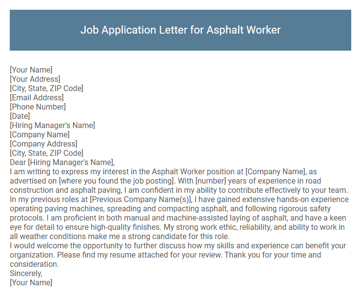 Job Application Letter for Asphalt Worker