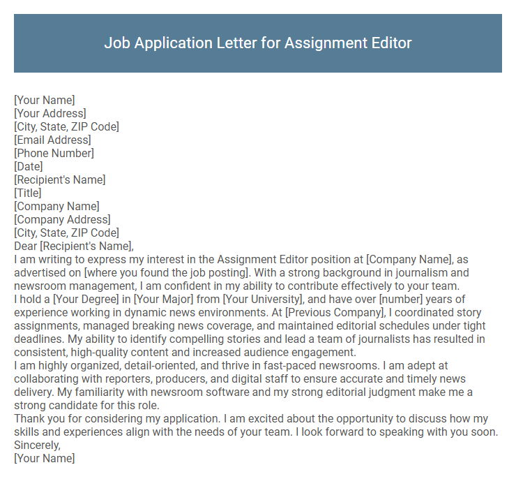 Job Application Letter for Assignment Editor