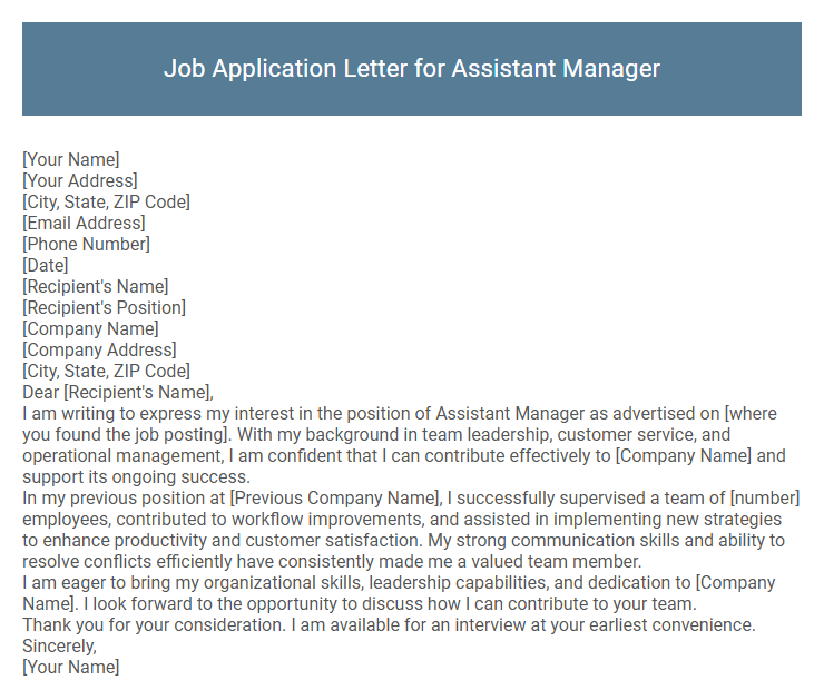 Job Application Letter for Assistant Manager