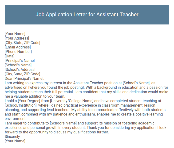 Job Application Letter for Assistant Teacher
