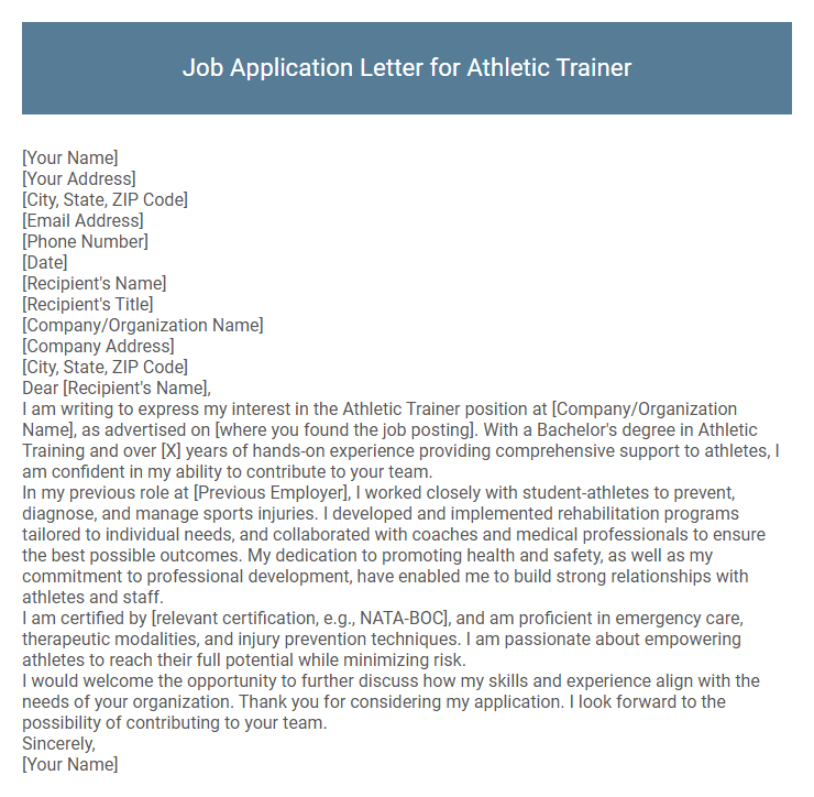Job Application Letter for Athletic Trainer
