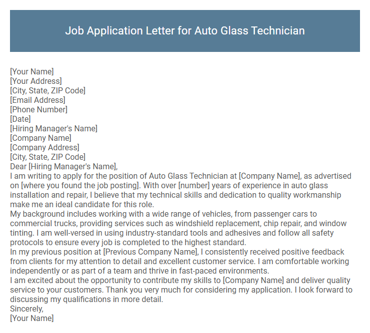 Job Application Letter for Auto Glass Technician