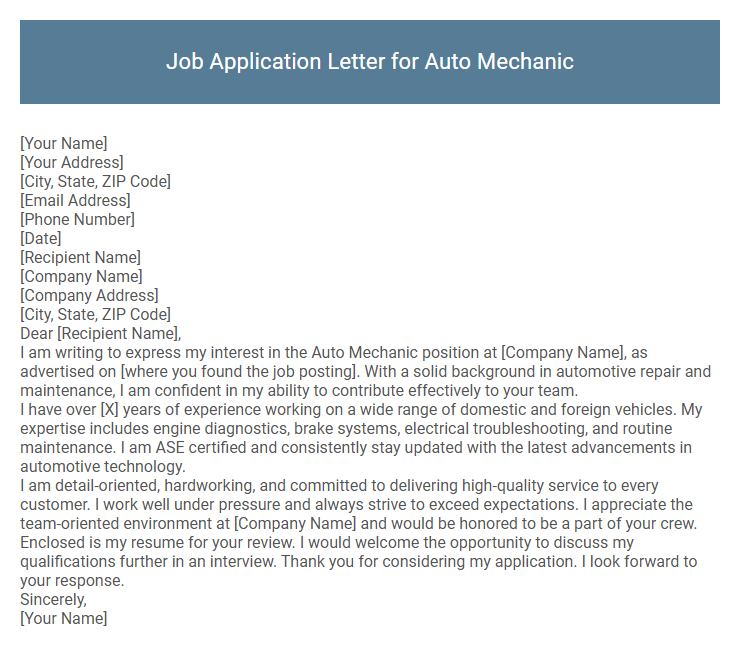 Job Application Letter for Auto Mechanic