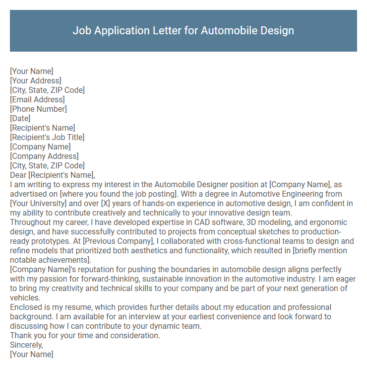 Job Application Letter for Automobile Design