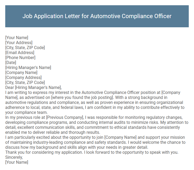 Job Application Letter for Automotive Compliance Officer