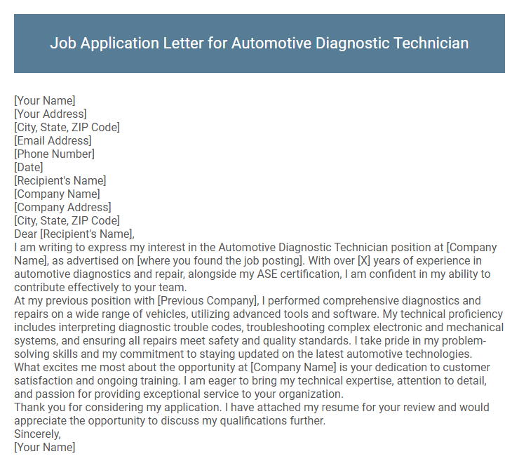 Job Application Letter for Automotive Diagnostic Technician