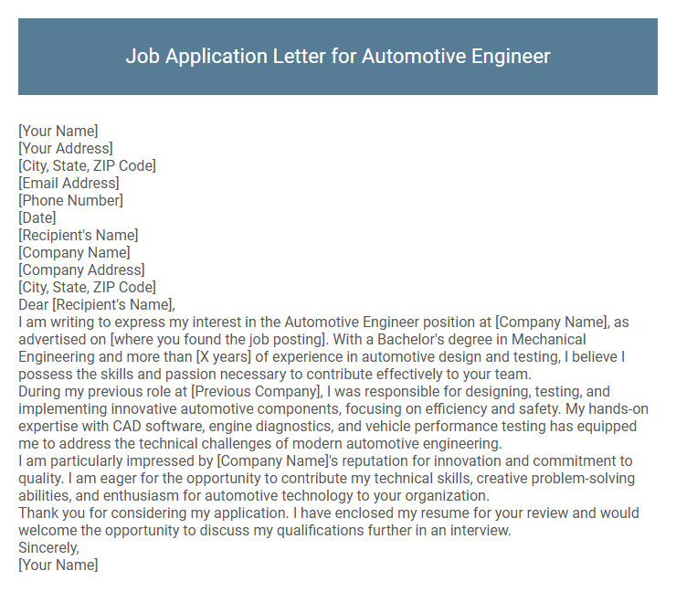 Job Application Letter for Automotive Engineer