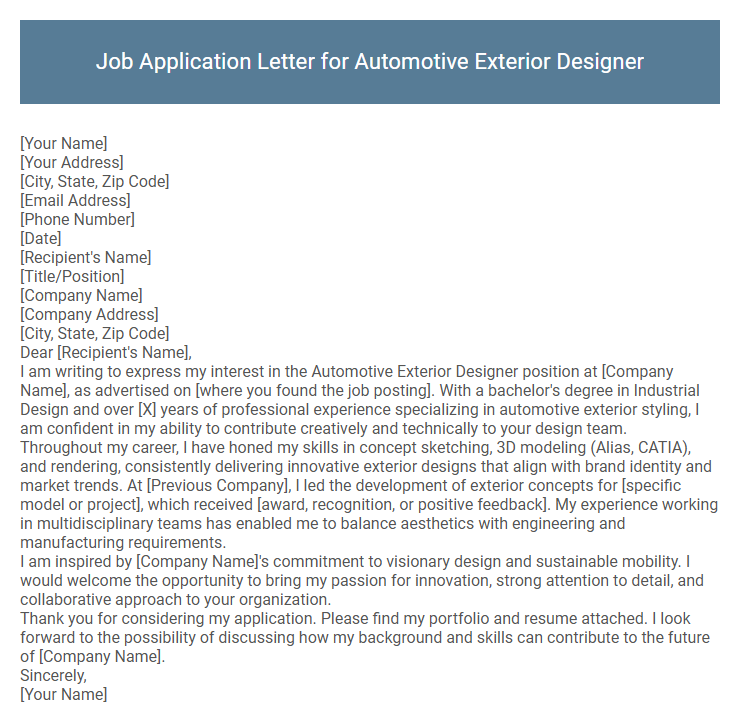 Job Application Letter for Automotive Exterior Designer