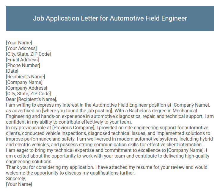 Job Application Letter for Automotive Field Engineer