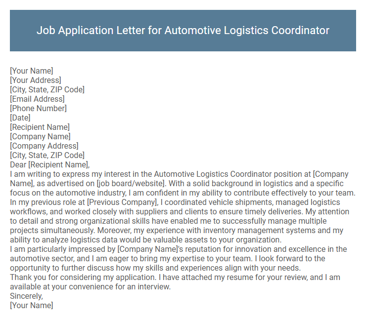 Job Application Letter for Automotive Logistics Coordinator