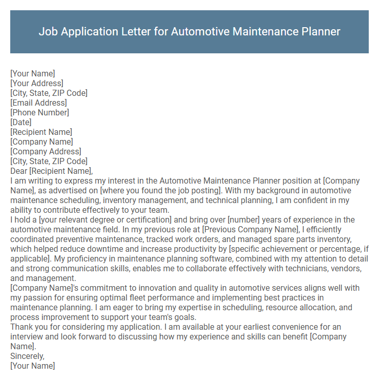 Job Application Letter for Automotive Maintenance Planner