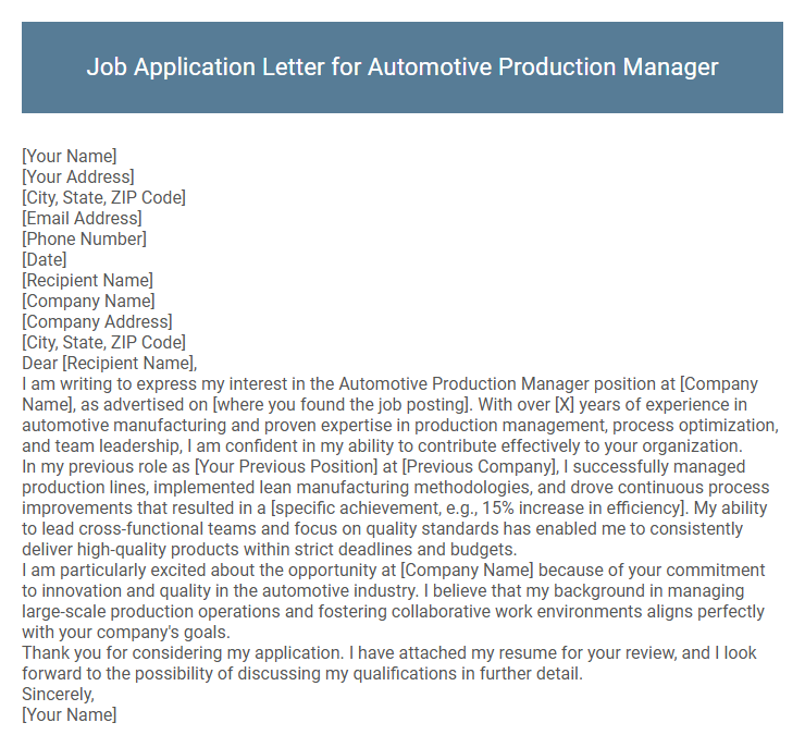 Job Application Letter for Automotive Production Manager