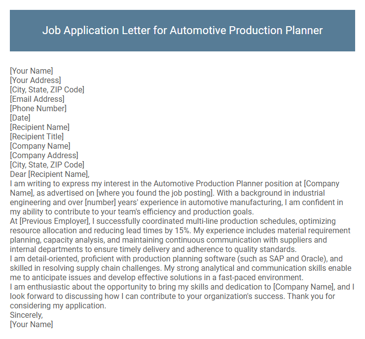 Job Application Letter for Automotive Production Planner