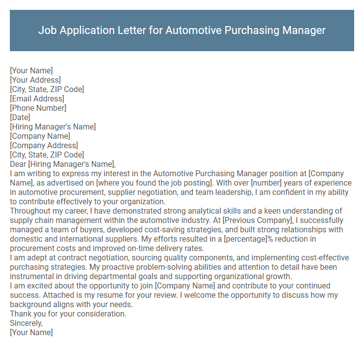 Job Application Letter for Automotive Purchasing Manager