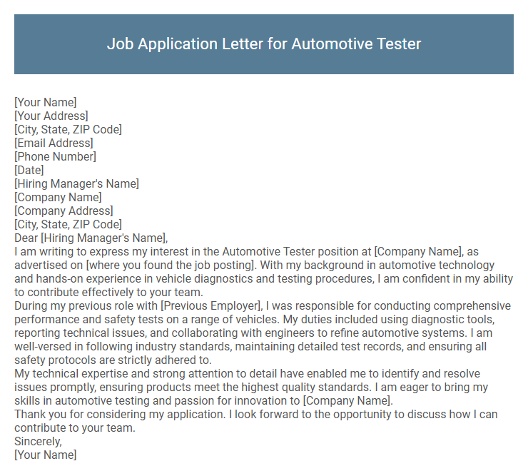Job Application Letter for Automotive Tester
