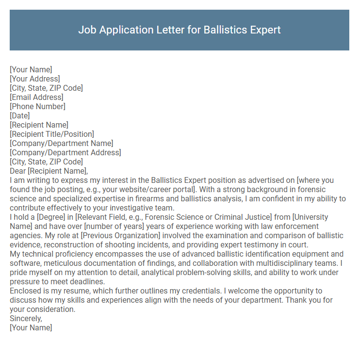 Job Application Letter for Ballistics Expert