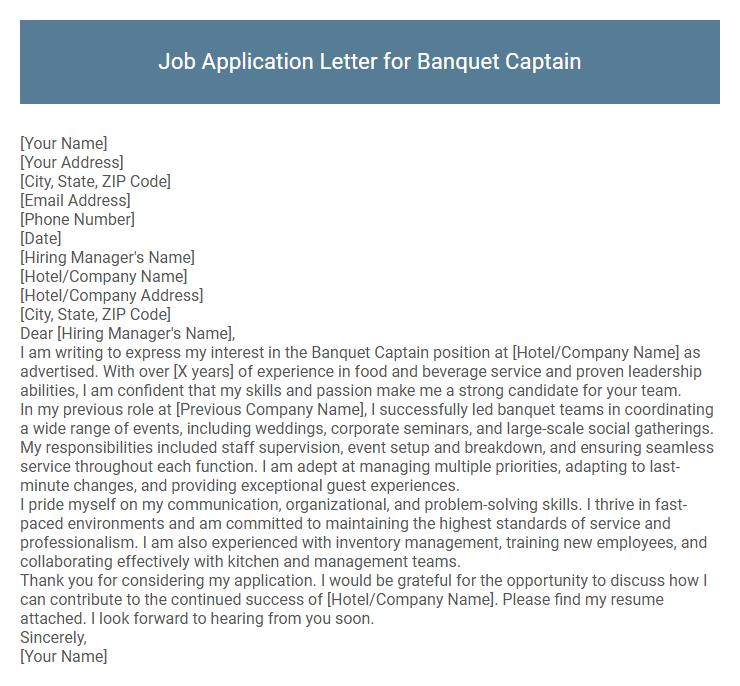 Job Application Letter for Banquet Captain