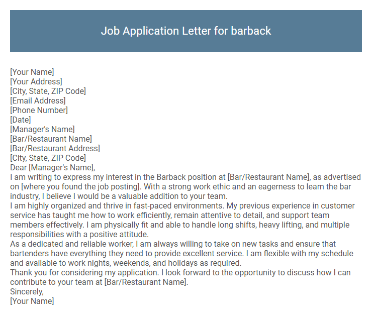 Job Application Letter for barback