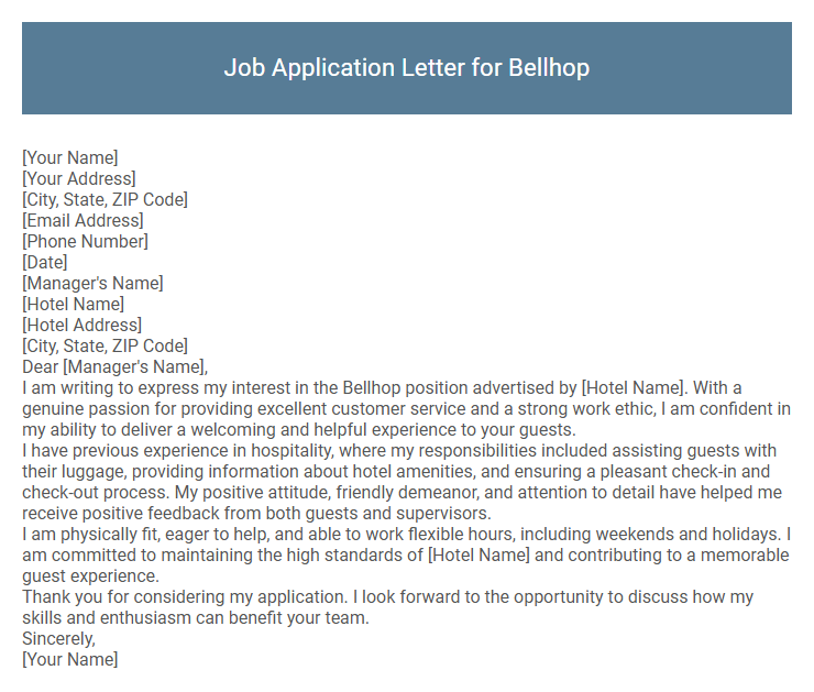 Job Application Letter for Bellhop