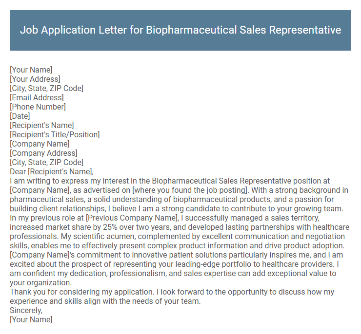 Job Application Letter for Biopharmaceutical Sales Representative