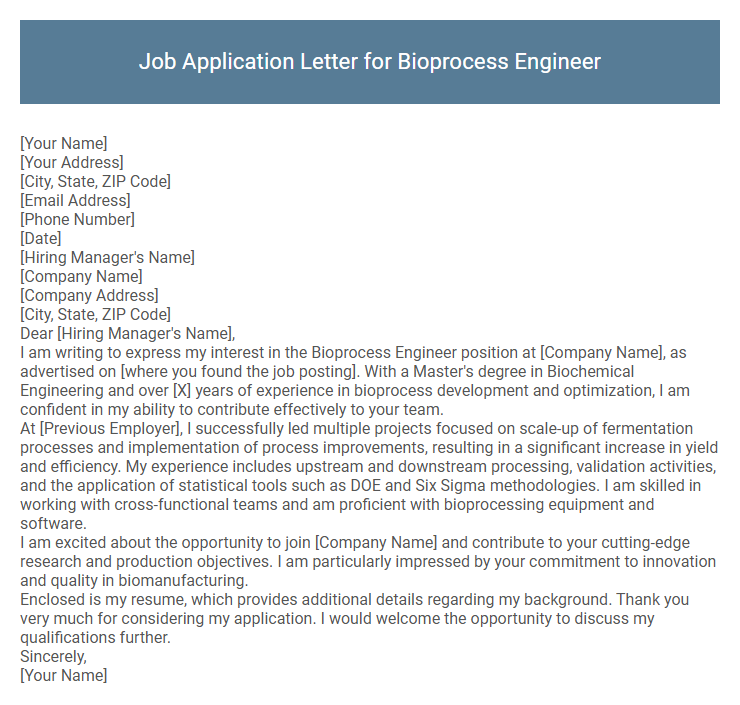 Job Application Letter for Bioprocess Engineer