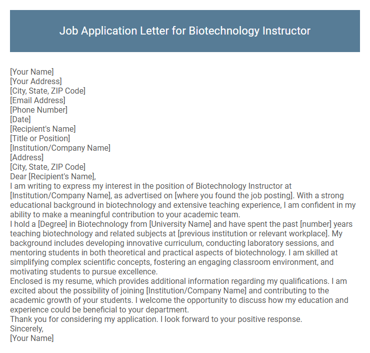 Job Application Letter for Biotechnology Instructor