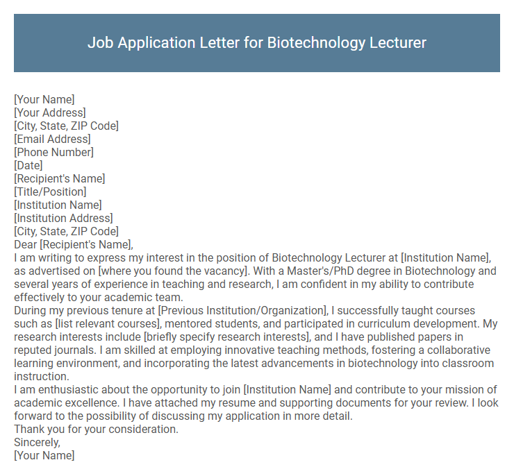 Job Application Letter for Biotechnology Lecturer