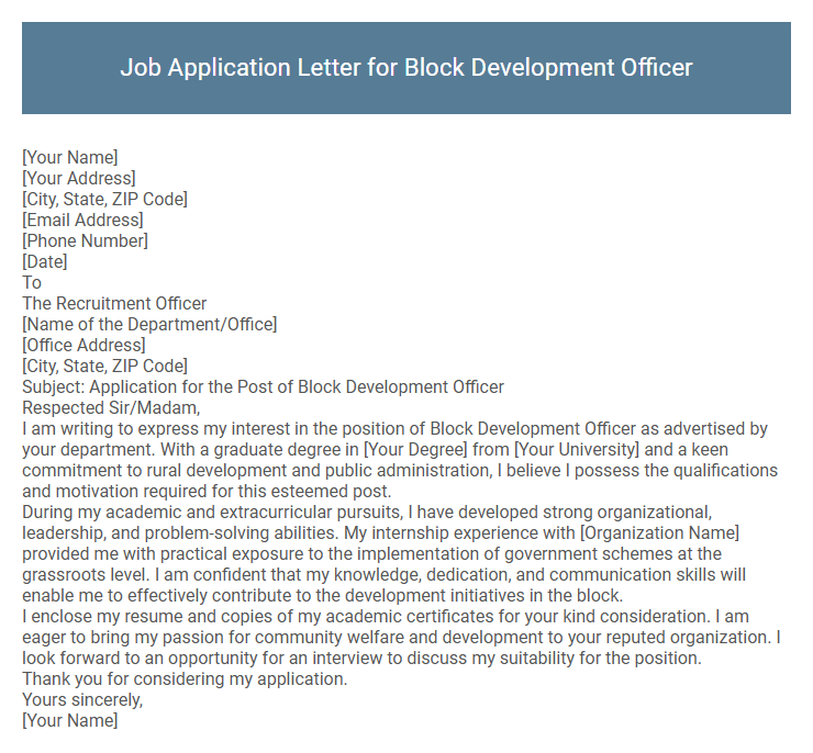 Job Application Letter for Block Development Officer